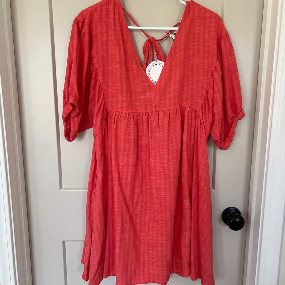 Dark Coral V-Neck Dress with Tie Back